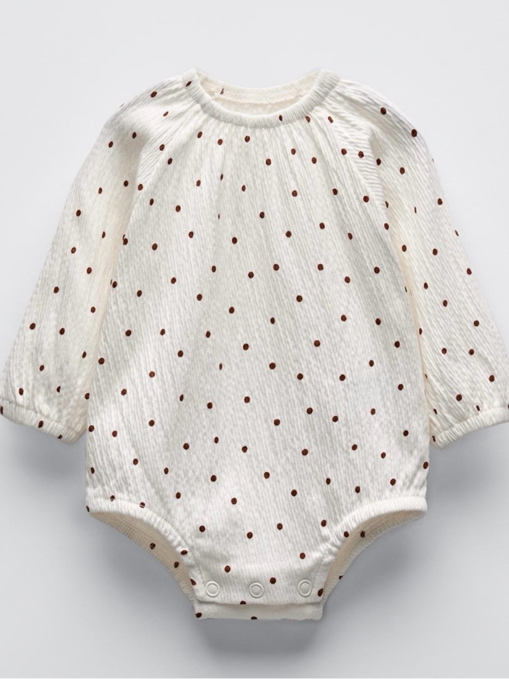 Zara Cream Long-Sleeve Polka Dot Romper with Brown Dots